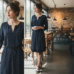 Ann Taylor Navy 3/4 Sleeve White Dot Dress with Satin Trim Size S